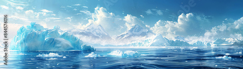 Ice caps melting into ocean scenes with renewable energy sources on the horizon © Natchaya