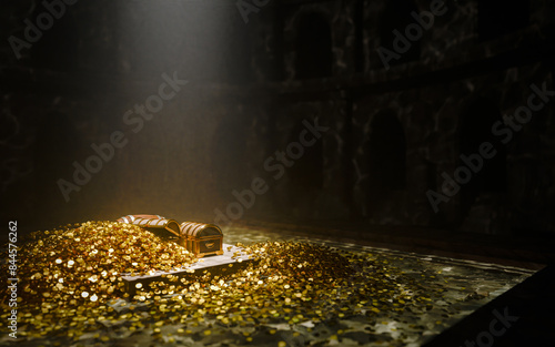 Treasury hall. treasure trove of gold coins And chests and treasure boxes pile up. Treasuries, kingdoms and castles. The concept of finding lost ancient treasures. 3d rendering. photo