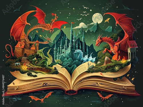 A magical storybook with dragons, castles, and a mystical landscape coming alive from its pages under the moonlit sky.