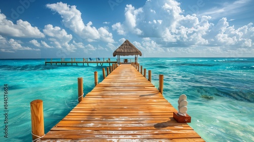 Exotic Paradise. Travel, Tourism and Vacations Concept. Tropical Resort. Caribbean sea Jetty near Cancun, Mexico.