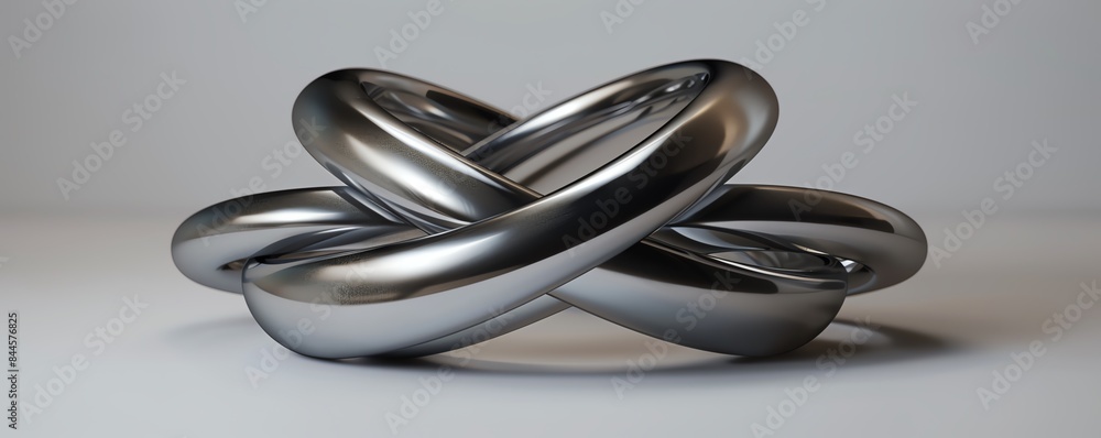 Fototapeta premium Elegant intertwined metallic rings sculpture on a neutral background. Modern art and minimalist design concept.