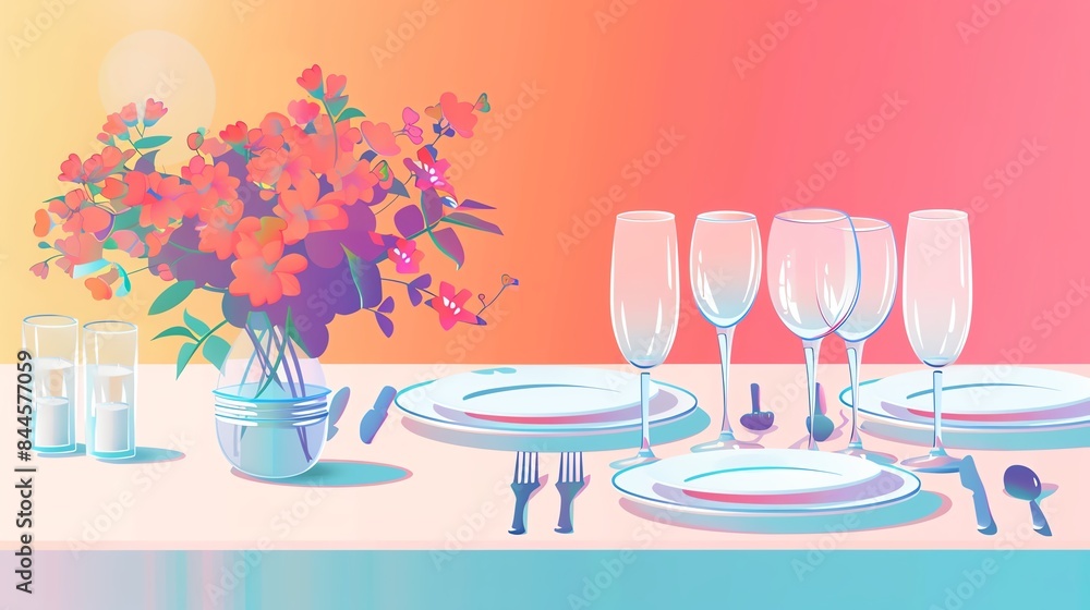 Elegant dining table setup with flowers and glassware in a colorful gradient setting. Perfect for special occasions or decor inspiration. Elegant dining table setup with flowers and glassware in a colorful gradient setting. Perfect for special occasions or decor inspiration.