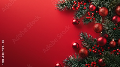 A red holiday background with an empty space for text, on the right a Christmas tree decor and red Christmas balls. There is a place for text on the left. 
  banner, postcard background .