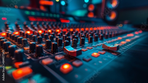 Close-up view of a music studio mixing console with glowing buttons and knobs, highlighting the technology and ambiance of a recording studio.