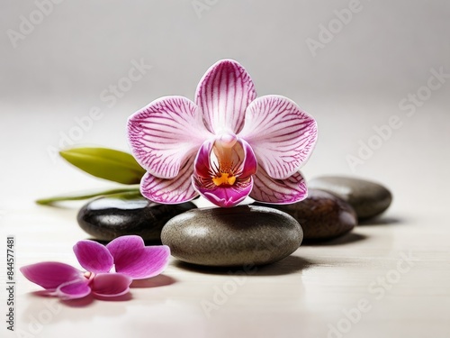 smooth spa stones with a single orchid flower 