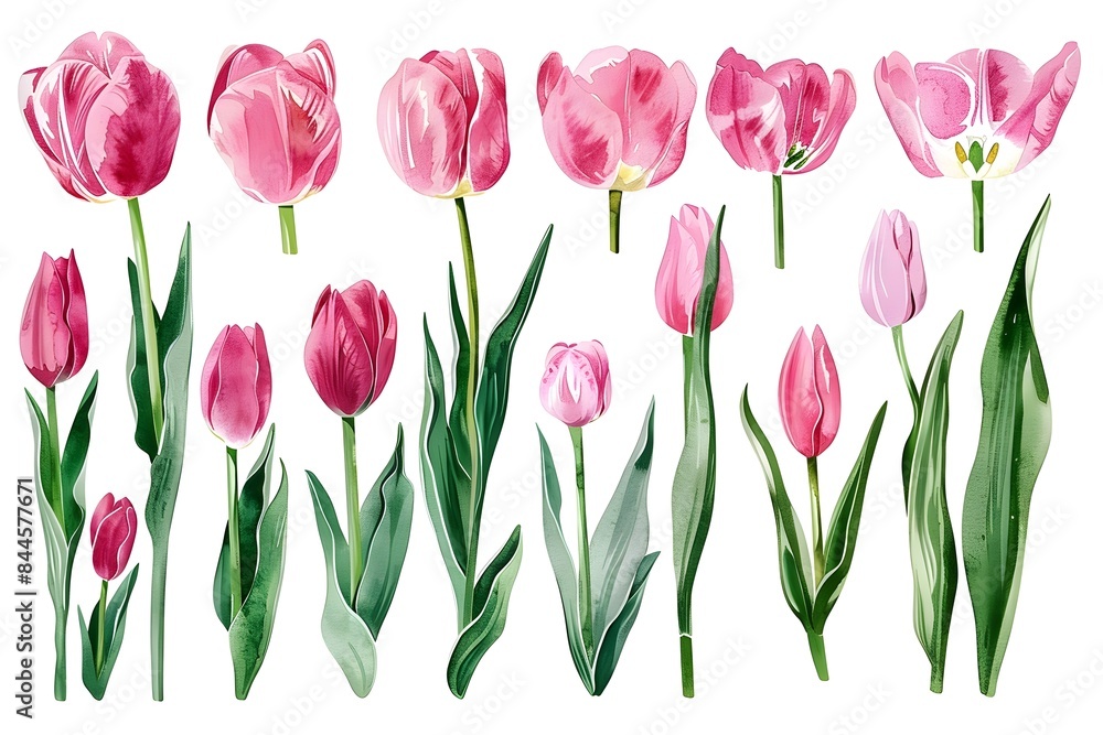 Elegant Watercolor Tulip Flower Blossom Collection Set on Grungy Background Elegant Watercolor Tulip Flower Blossom Collection Set on Grungy Background