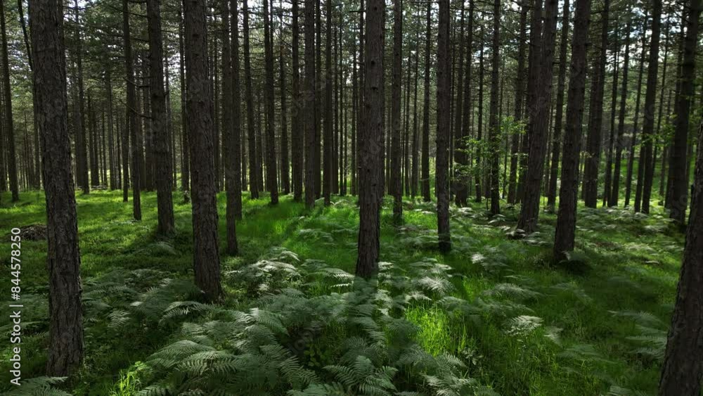 Moving in summer forest. Trees with shadows and sunshine, green wood, tracking shot, 4k Moving in summer forest. Trees with shadows and sunshine, green wood, tracking shot, 4k
