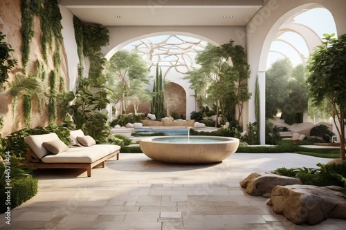 Luxurious garden interior with a variety of exotic plants, comfortable seating areas, and a small water fountain © Henry