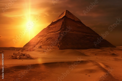 Captivating scene of the sun setting behind the iconic great pyramid in the giza desert