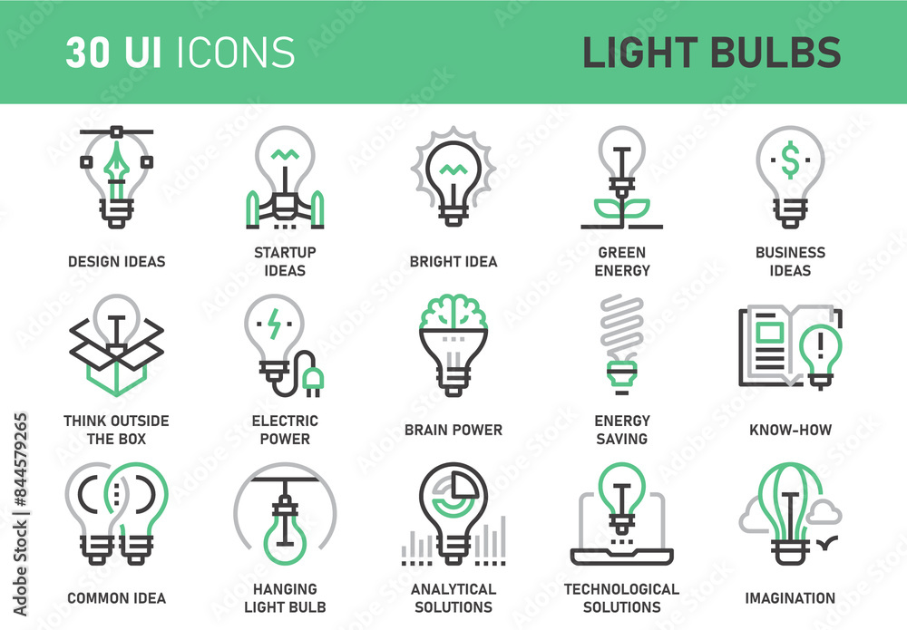 Vector set of light bulbs flat line web icons. Each icon with ...