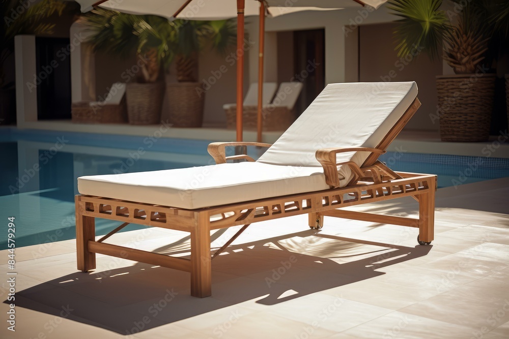 Fototapeta premium Relaxing Sunbed pool. Hotel sun resort. Generate Ai