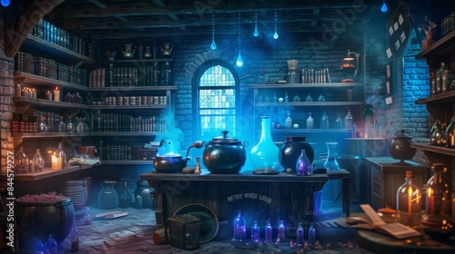 A background of a witch’s potion room filled with bubbling cauldrons, shelves of spell books, potion bottles, and eerie blue lighting, magical and spooky