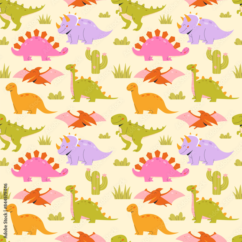 Childrens animals background. Bright cartoon dinosaurs seamless pattern on a light background Childrens animals background. Bright cartoon dinosaurs seamless pattern on a light background