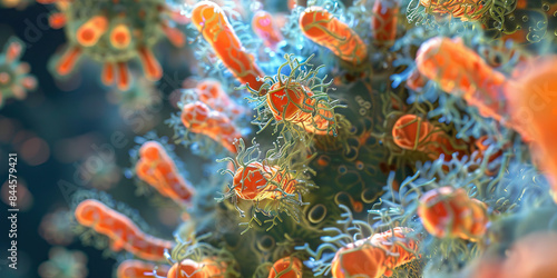 Bacterial Biofilm: A close-up of a bacterial biofilm, showing a community of bacteria encased in a matrix of extracellular polymeric substances (EPS), which protect them from environmental stresses an