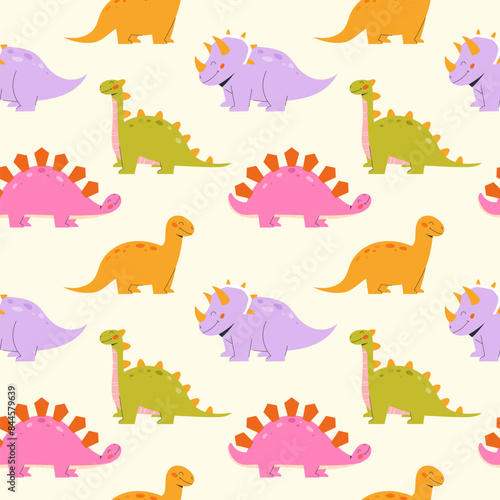  Childrens animals background. Seamless pattern with dinosaurs on a light background