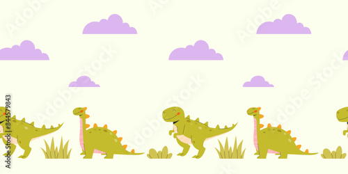 Childrens cute background. Seamless horizontal pattern with dinosaurs