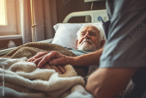 An elderly man patient lies in bed, a nurse carefully holds his hand. Cozy hospital room with soft lighting. Concept: calmness, hospital room, support, attentiveness, palliative care, hospice.