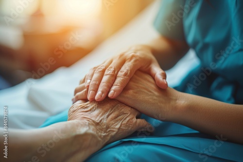 Nurse holding hand of elderly patient lying in bed. Cozy hospital room with soft lighting Concept: calmness, hospital room, attentiveness, support, palliative care, hospice.