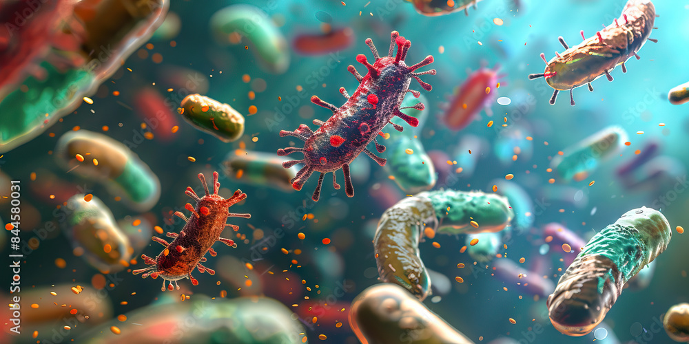 Fototapeta premium Antibiotic Resistance: A depiction of antibiotic-resistant bacteria, showing how these bacteria have evolved mechanisms to evade the effects of antibiotics, leading to difficult-to-treat infections