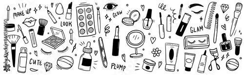 Makeup and beauty doodle set: hand drawn cosmetic elements vector collection
