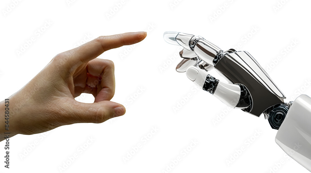 Human and robot hand pointing to each other, AI technology interaction ...