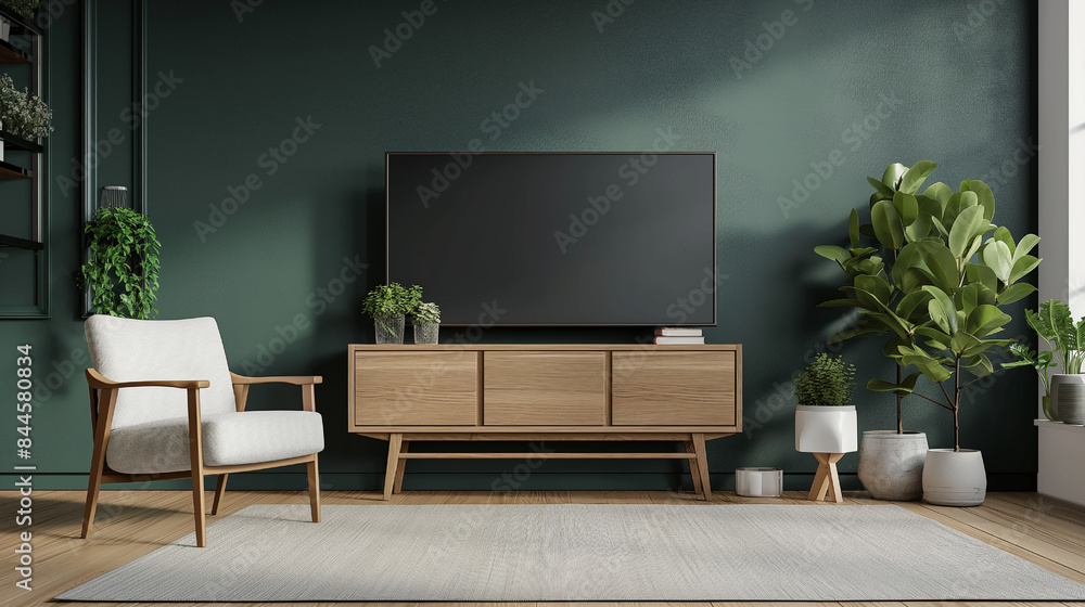 Scandinavian Living Room Style with Wooden TV Cabinet and Lush Green Wall, 3D Render Scandinavian Living Room Style with Wooden TV Cabinet and Lush Green Wall, 3D Render