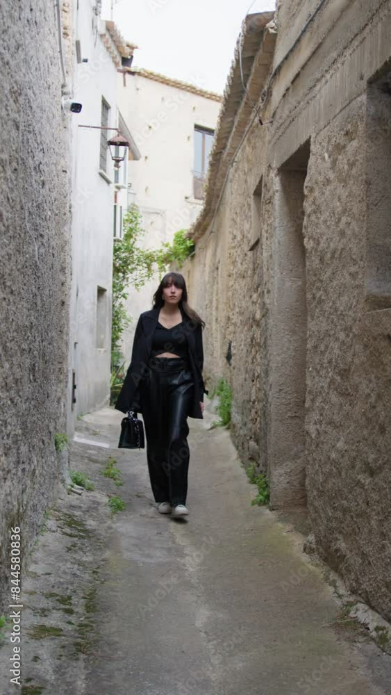 Woman Walks Through Narrow Alleys Of An Ancient Village Of Gerace Woman Walks Through Narrow Alleys Of An Ancient Village Of Gerace