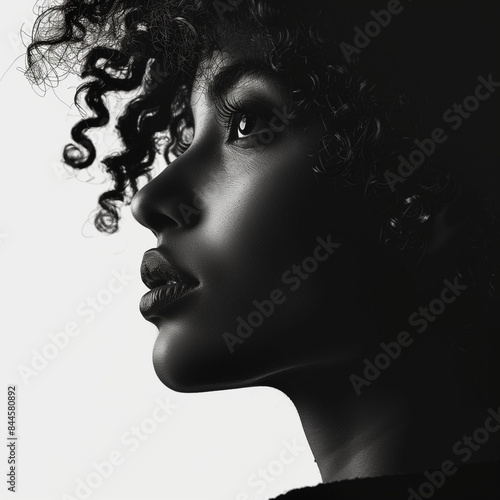 Profile of a Thoughtful African-American Woman in Black and White with Copy Space, AI Generation © Гамбит