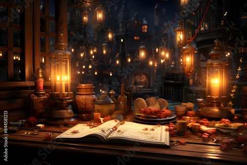 Night scene with a candlelight and a book. 3d rendering