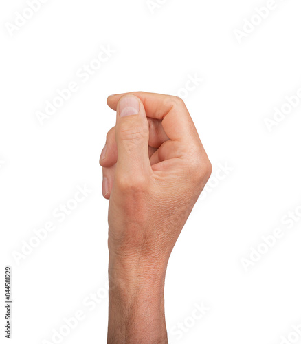 Hand holding something small, isolated on white background. Gesture indicating a pinch or grasp, ideal for interaction and communication concepts. Close up view showing detail., transparent PNG photo