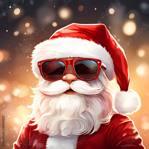 Funky santa claus wearing glasses on , copy space for text, cartoon art style xmas greeting card design photo