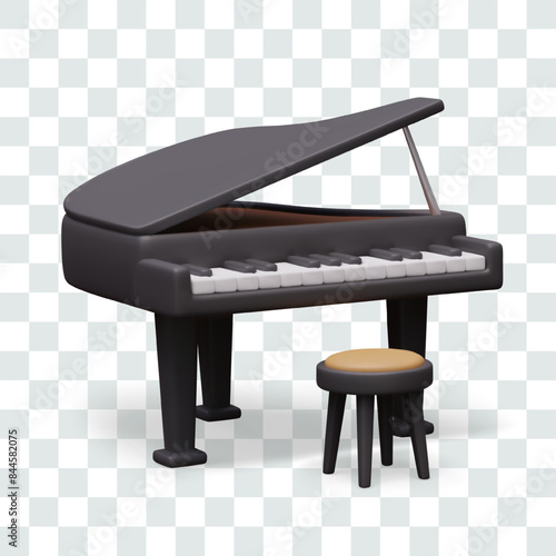 Realistic piano with open lid, stool. Classical keyboard musical instrument