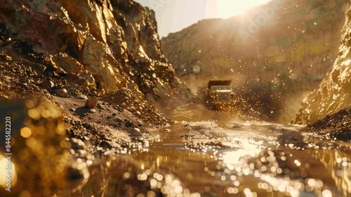 An off-road vehicle moves through a rugged canyon, its passage kicking up dust that sparkles in the golden sunlight filtering down photo