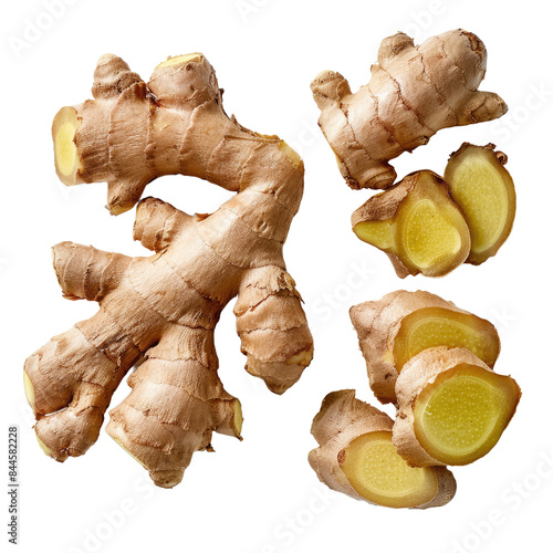 Ginger isolated on white background. One whole and cut slices of ginger root photo