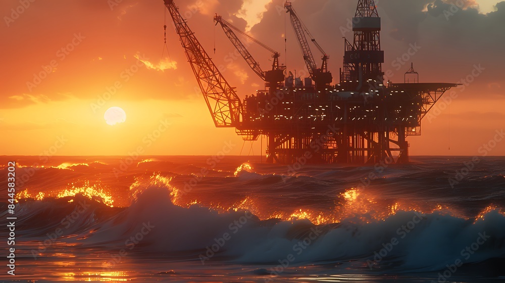 Oil Rig Silhouette at Sunset Over the Ocean Oil Rig Silhouette at Sunset Over the Ocean
