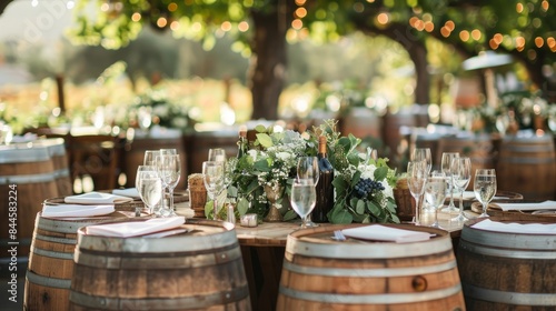 A rustic vineyard wedding with barrels of aged wine and tables adorned with grapevine centerpieces.