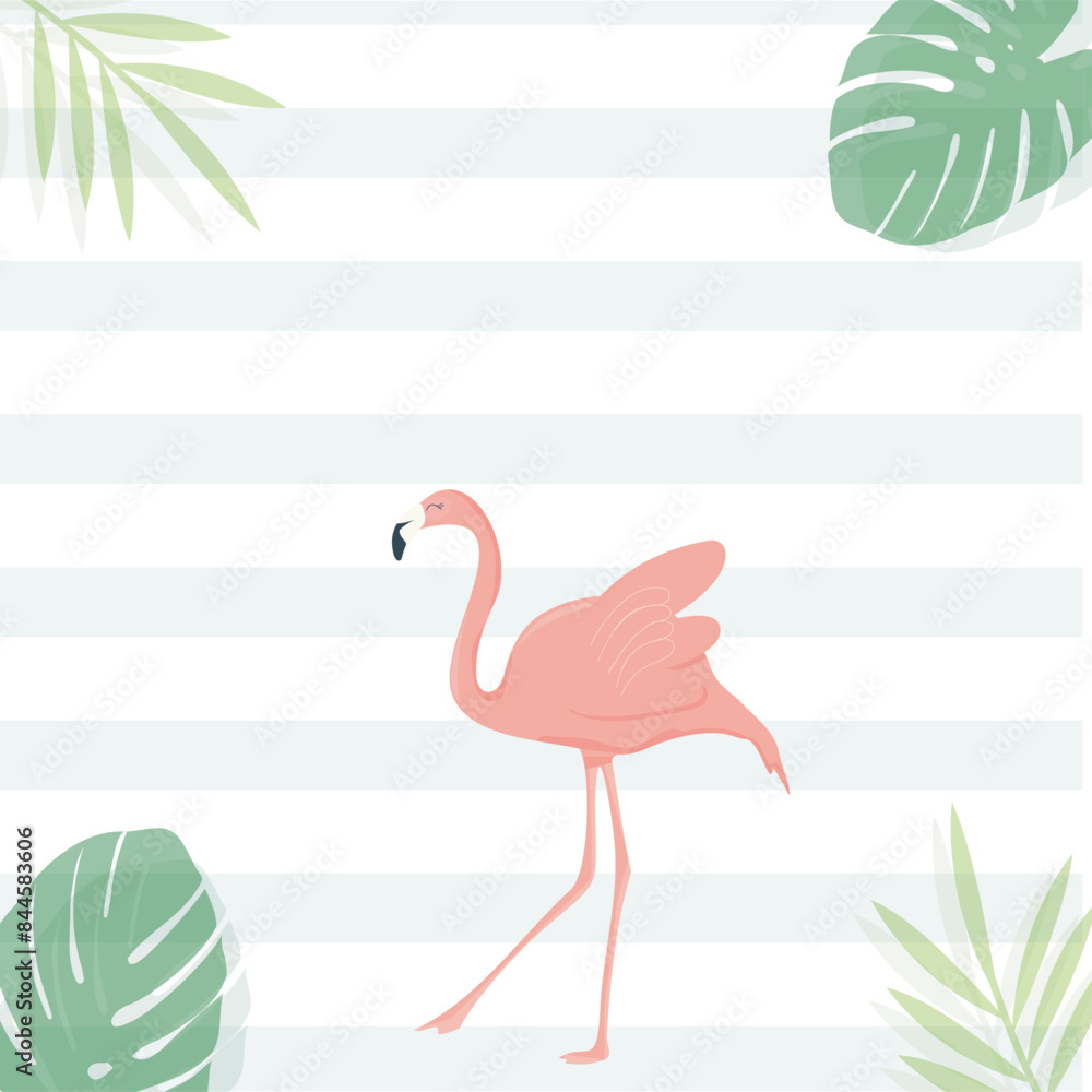 Fototapeta premium flamingo background invitation. tropical plants flamingo.