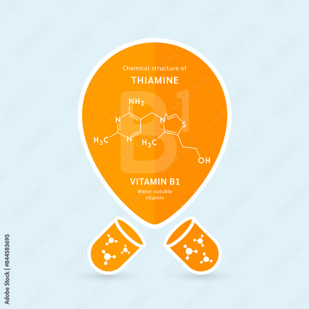Chemical structure of Thiamine or Vitamin B1. Water soluble vitamins