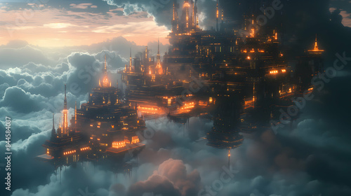  A floating city above the clouds with futuristic architecture 