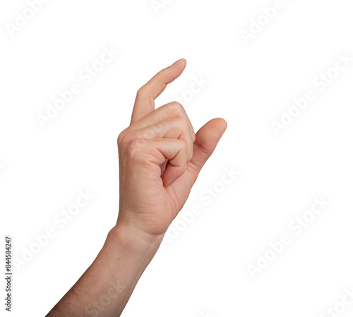 Hand showing a small measurement using thumb and index finger, isolated on white background. Gesture indicating size or measure, ideal for interaction and communication concepts., transparent PNG photo