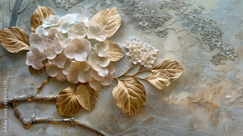 Detailed close-up of a stucco relief featuring a hydrangea with raised, textured petals and golden veins, set against a soft-focus image of a Japanese garden.
