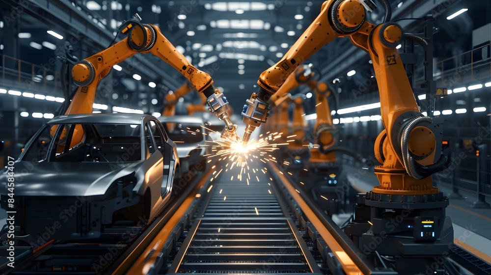 Assembly Line with Robotic Arms Welding Car Parts Assembly Line with Robotic Arms Welding Car Parts