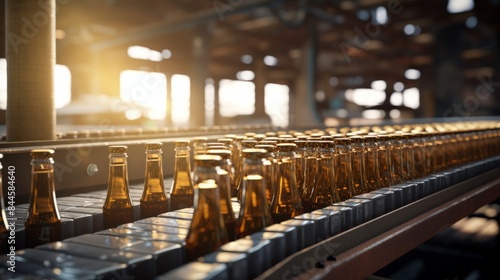 Production of brewing and bottling craft beer at a beer production plant. Conveyor with beer bottles.	

