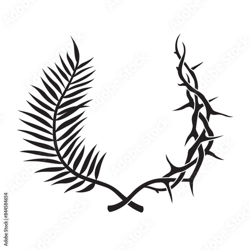 black crown of thorns and palm branch isolated on white background