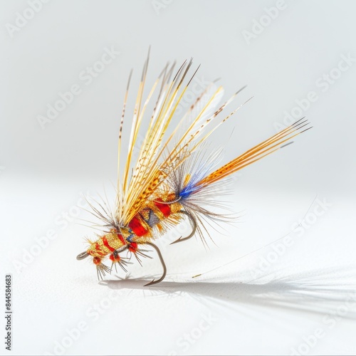 Orange Yellow and multicolor Dry fly fishing lure for lakes and rivers with feather  strings  yarn and master fisherman skills on a vise 
