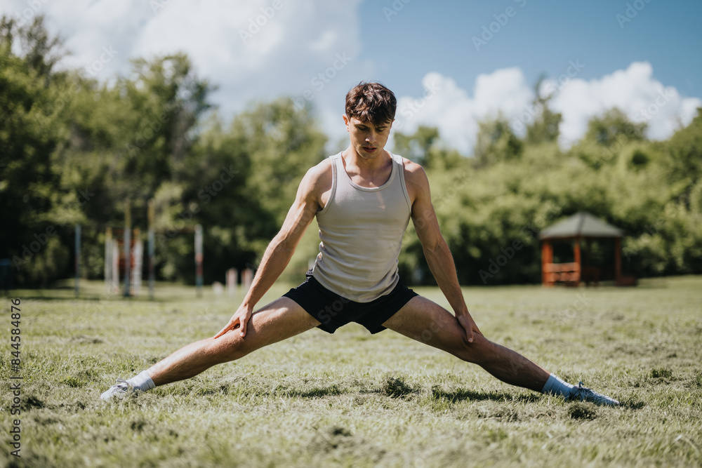 Young man performing a stretching exercise in a park on a sunny day, promoting fitness, flexibility, and outdoor activity Young man performing a stretching exercise in a park on a sunny day, promoting fitness, flexibility, and outdoor activity
