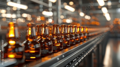 Production of brewing and bottling craft beer at a beer production plant. Conveyor with beer bottles.	
