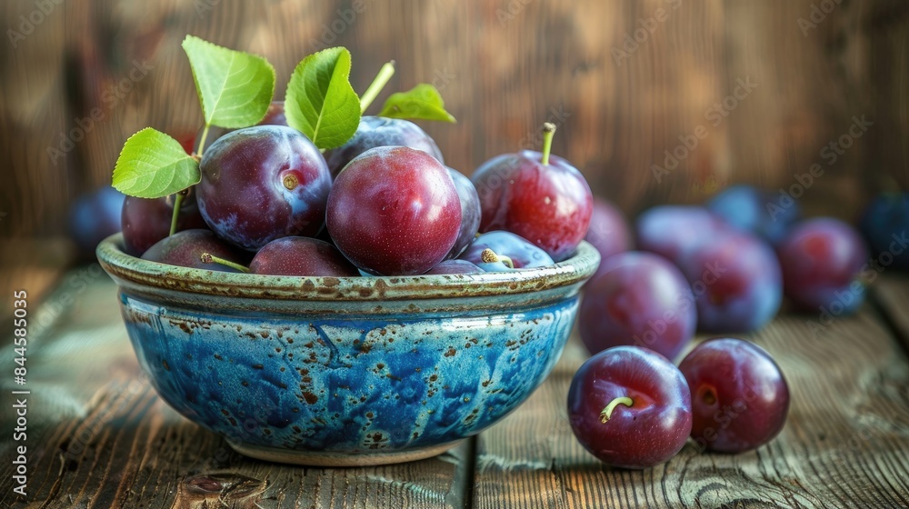 Organic plums in a ceramic bowl on a natural wooden surface Organic plums in a ceramic bowl on a natural wooden surface
