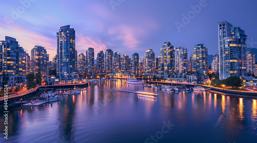 A dynamic urban skyline at dusk, with skyscrapers illuminated by thousands of lights reflecting off the water of a nearby river. The sky is a gradient of deep blues and purples as the sun sets, and th