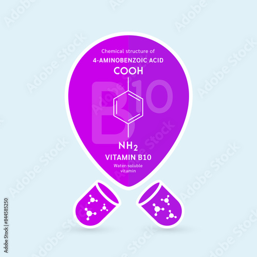 Chemical structure of 4-Aminobenzoic acid or Vitamin B10. Water soluble vitamins. Essential fatty acid. Pin symbol floats out of the purple capsule. For use in design various products. Vector EPS10.
